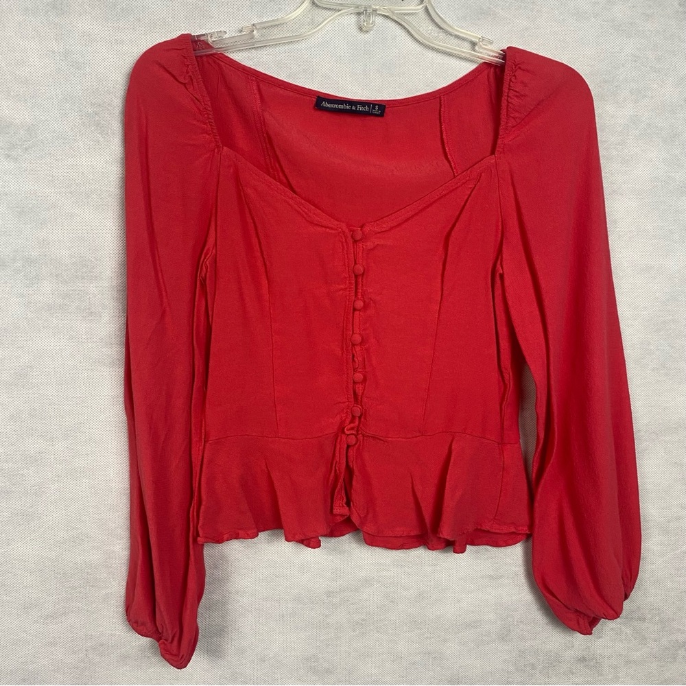 Abercrombie And Fitch Long Sleeve V Neck Blouse Sz Small Coral Button Up Cropped
